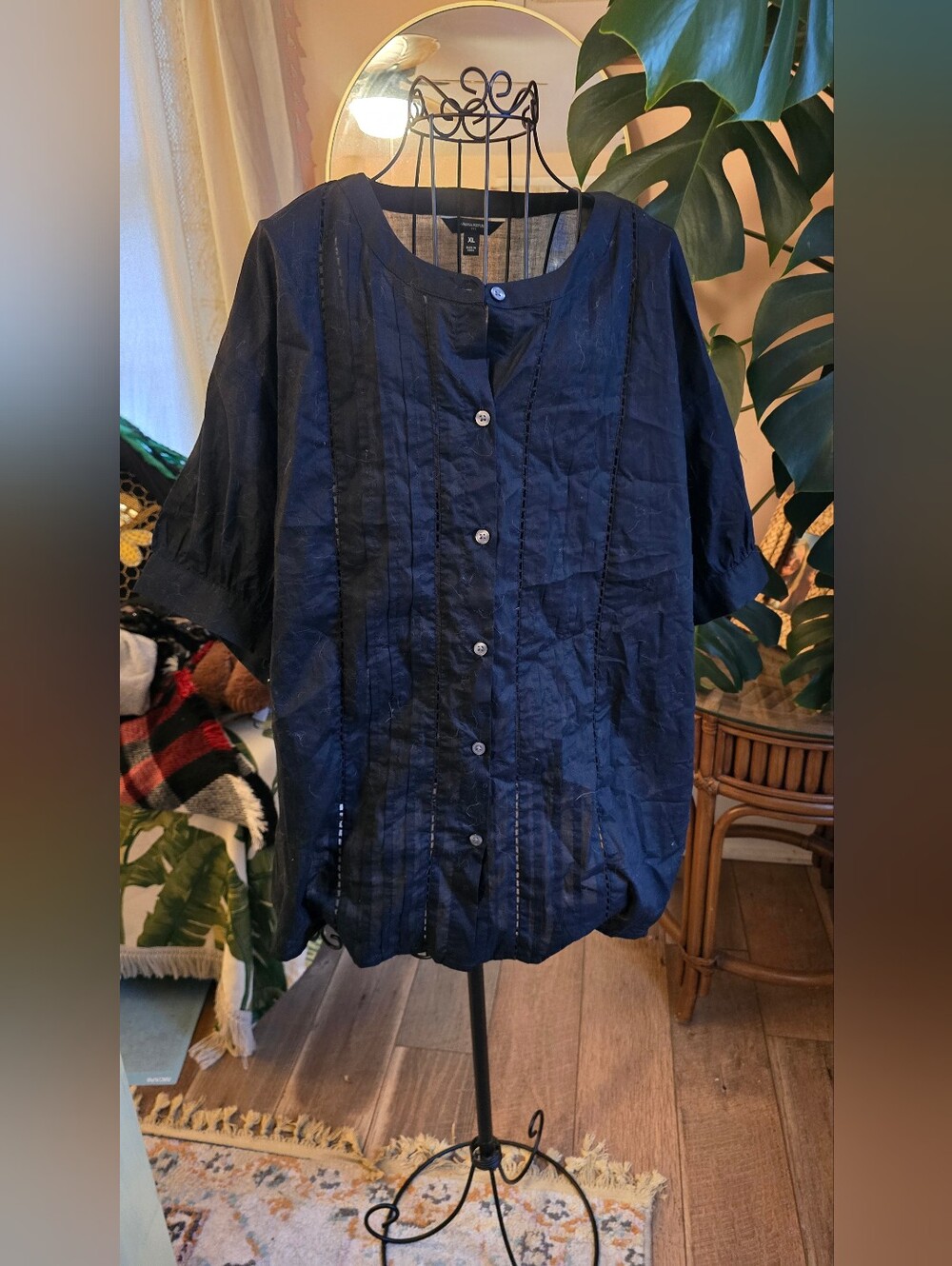 Banana Republic Black Pintuck Ladder Lace Button Front Puff Sleeve Blouse XL